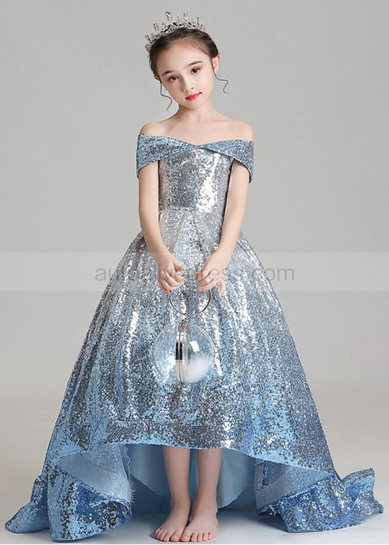 Off Shoulder Silver Sequin High Low Flower Girl Dress